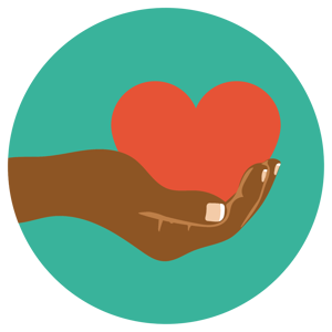 Illustration of a hand holding a red heart on a green background