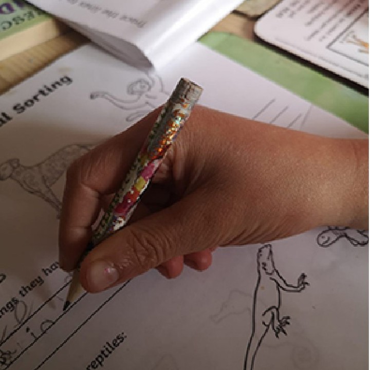 Child demonstrating the dynamic tripod grasp with a pencil writing on a workbook