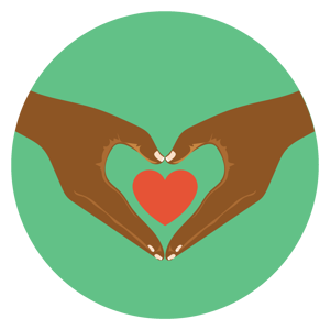Illustration of two hands forming a heart shape with a smaller red heart between the hands, on a green background