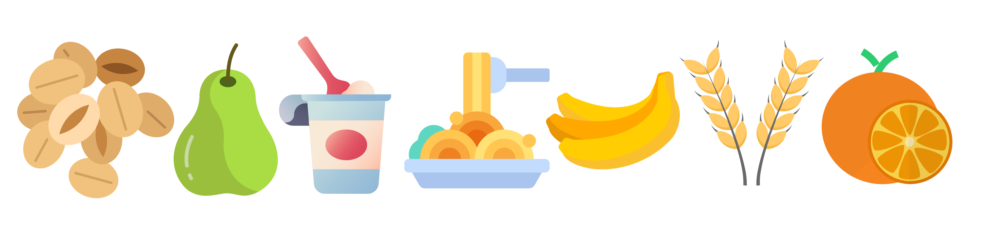 graphic showing wholegrain rice, pear, yogurt, pasta, banana, wheat and an orange 