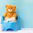 A teddy bear sitting on a potty with a stack of toilet roll next to it.